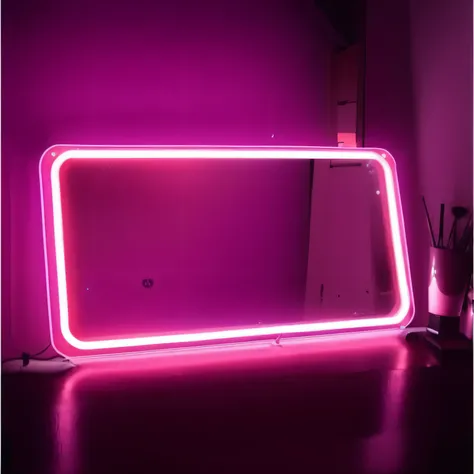 purple Neon in a dark room with a mirror, Neon Mood Lighting,  There are cosmetics next to it，on dresser， Neon Dark Lighting, symmetrical Neon edge light, Neon Backlight, fashion Neon, Neon