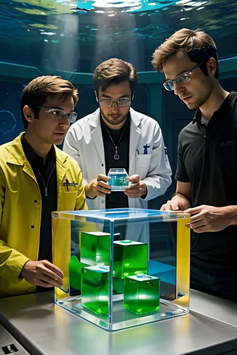 Create a trio of scientists, in a lab, studying a green ion cube from the subnautica video game 
