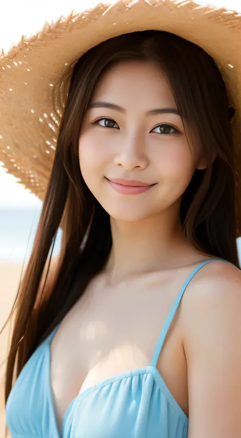 masterpiece,best quality,(Japanese ),((Beautiful girl)),cleavage,(perfect body beauty:1.2),(shy smile),(straw hat),(seaside),