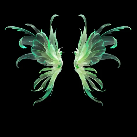 Two green and white wings on a black background, Cyan ethereal tendril wings, Neon wings,  Ethereal Wings, wings made of glass, Transparent wings, iridescent wings, Symmetrical wings, Beautiful open wings, Glowing feathers, Wings made of flowers, 半Transpar...