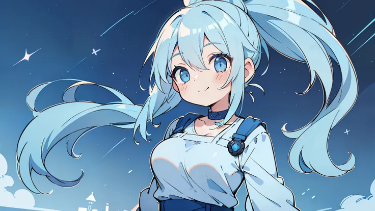 masterpiece, beautiful detailed, (casual wear), blue theme,  baby blue Eyes, baby blue hair, ponytail, 1girl, big smile, medium breasts, hair intakes, night sky, Meteors, (from right), (((bold outline))), limited palette