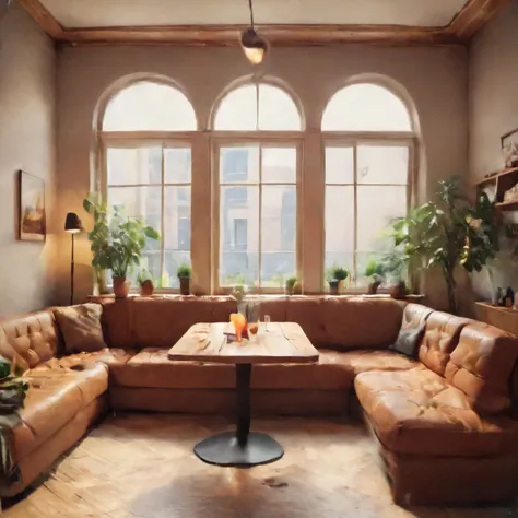 there is a couch and a table in a room with a large window, cozy atmosphere, pleasant cozy atmosphere, cosy atmosphere, cosy atm...