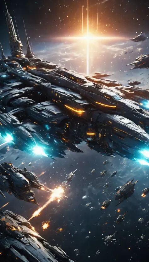 anime:1.5, a futuristic sci-fi space battle, highly detailed, epic space ships, intense combat, glowing energy weapons, powerful explosions, dramatic lighting, cinematic composition, moody color palette, realistic rendering, intricate mechanical details, s...