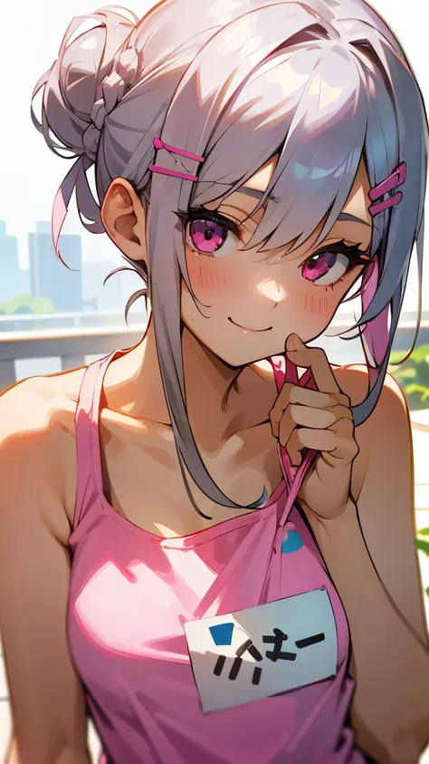 １girl、ultra long silver hair tied in a bun with a hair clip, Pink Eyes、smile、really like、Pink tank top、hot pants、Upper body close-up、Morning Cafe Terrace、Background blur, Written boundary depth