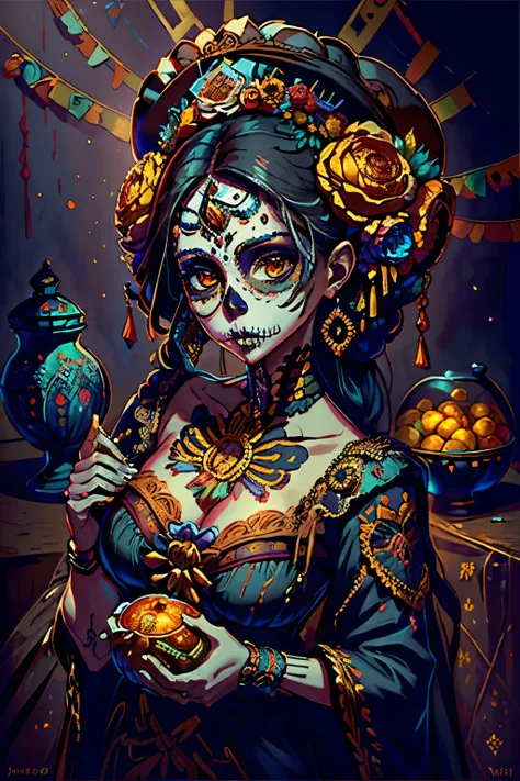 create a stunning still-life realistic photo of a full body portrait of a beautiful young latina woman (25), mexican sugar skull...