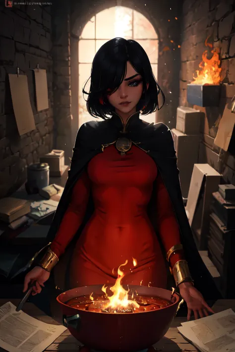 1 girl, bblack hair, eyes red, fire witch, bloodstains, light particles, lightrays, wall-paper, hight contrast, colorfully,