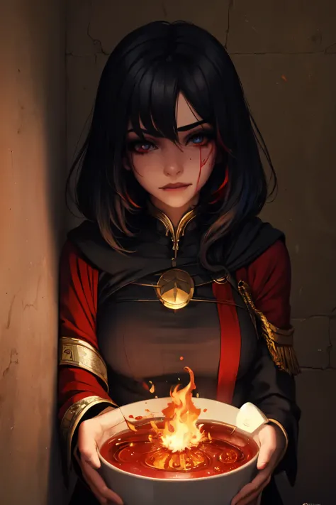 1 girl, Bblack hair, Eyes red, fire witch, bloodstains, Light particles, lightrays, wall-paper, hight contrast, colorfully,