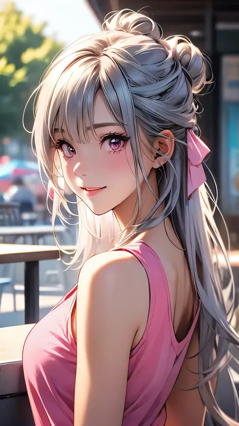 １girl、ultra long silver hair tied in a bun with a hair clip, Pink Eyes、smile、really like、Pink tank top、hot pants、Upper body close-up、Morning Cafe Terrace、Background blur, Written boundary depth