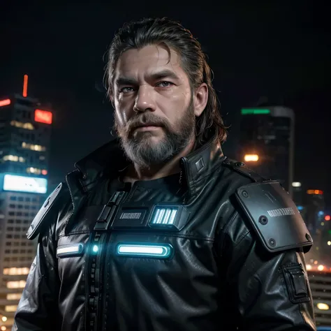 Front View, Centered,Ultra-realistic RAW portrait of a 50-year-old man with a large beard and short military-style hair, reimagined in a cyberpunk setting. He is wearing futuristic attire of a post-apocalyptic cyberpunk warrior. The scene takes place in a ...