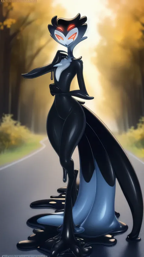 Tanraak (style), ((masterpiece)), ((8k quality)), (no watermark), stolas, male, sleek, shiny black slime body, goo, gooey, long tail feathers, avian, avian tail, black slime body, butt, solo, detailed country road, looking at viewer, wide hips, grin, one h...