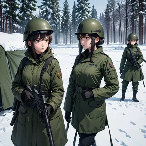 A group of female soldiers wearing dark green thick coats、Side-by-side stations、Wearing a helmet、Guard with gun in hand、In the snowy camp、Write details、masterpiece、best quality、Highly detailed CG、8K picture quality