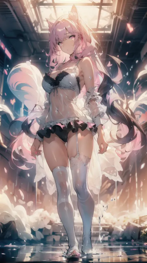 ((masterpiece, best quality)), Epic battlefield atmosphere，Delicate face，Cat girl，whole body，Standing picture，glowing pink eyes，Large Breasts，Gradient white long wavy hair，Perfect body proportions，Pure white background，Water Ripples，Lace，Plush sexy lingeri...