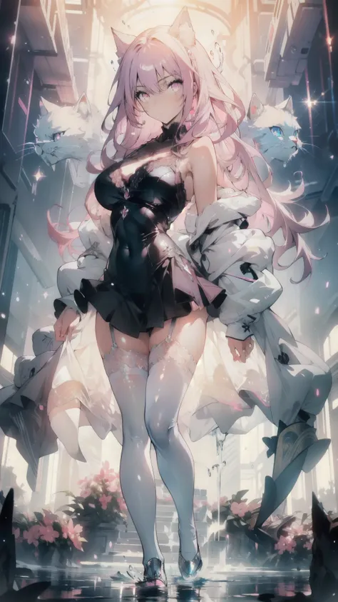 ((masterpiece, best quality)), Epic battlefield atmosphere，Delicate face，Cat girl，whole body，Standing picture，glowing pink eyes，Large Breasts，Gradient white long wavy hair，Perfect body proportions，Pure white background，Water Ripples，Lace，Plush sexy lingeri...