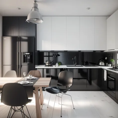 there is a black and white photo of a kitchen with a table and chairs, 3 d vray render, render vray, vray render, minimal kitchen, render in vray, minimal modern, vray render 4 k, vray rendering, vray render 4k, with vray, vray rendered, stuning 3 d render