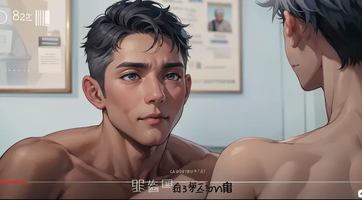 There are two gray-haired boys, they are talking, a little sad, they are shirtless.