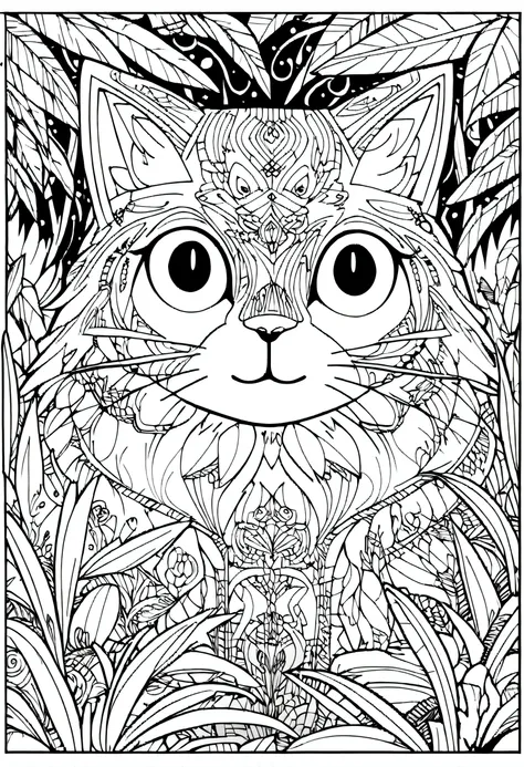 A drawing of an angora cat lying in a jungle field., coloring page, very detailed illustration, very detailed lines, extremely detailed line work, Very detailed portrait, incredibly detailed line of work, hyper detailed line art, Very detailed drawing, lin...