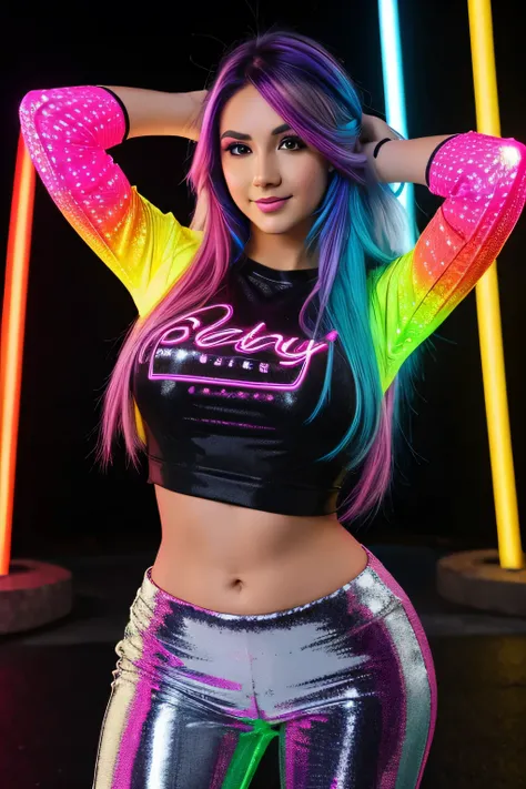 Gorgeous girl wearing multicolored led lit shirt and led lit trousers, multi colored hair, very long hair, posing to a camera, detailed eyes, detailed face, detailed hands, seductive smile, curvy body