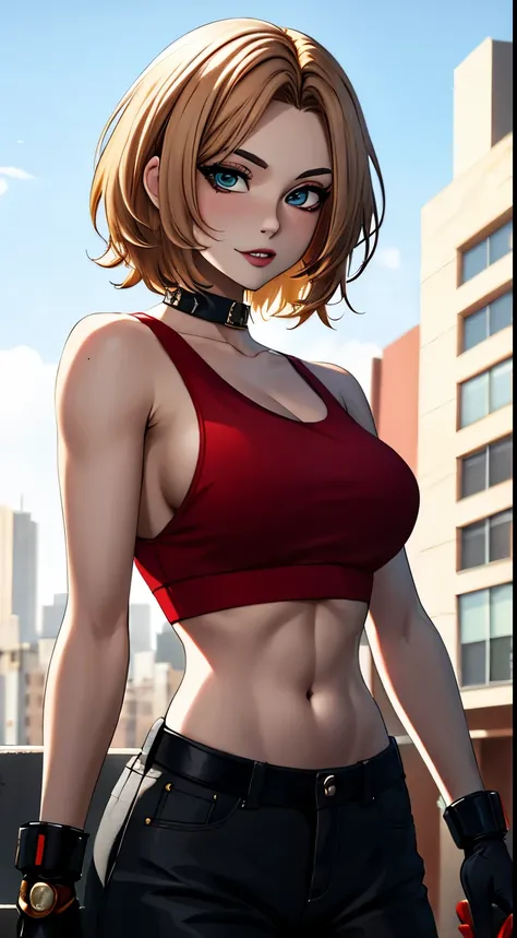 tmasterpiece,, Best quality at best, A high resolution, 1girll， with short golden hair，Red clotheary，hason, Crop top, (Large breasts 1.4), nabel，Fighting posture，cyber punk perssonage，City streets