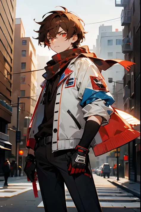 1Male, Messy Brown Hair, Black Shirt, Short Hair, White Scarf, Combat Gloves,Baggy Red white and blue varsity jacket, Sanguine Pink Eyes, Determined Expression, Lean, Standing on sidewalk , Modern city background  