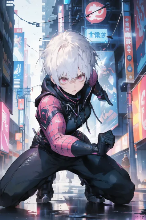 (Spider-Woman from the Cyberpunk Universe), (但Chivalrous style), (Chivalrous style), (She has white hair and pink eyes), (She has a rock and roll style)