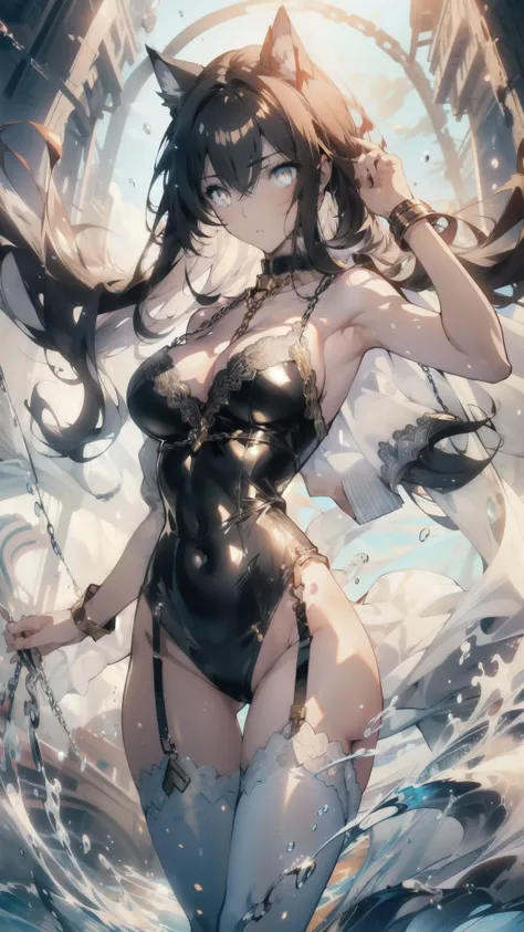 ((masterpiece, best quality)), Epic battlefield atmosphere，Delicate face，Cat girl，whole body，Standing picture，glowing golden eyes，Large Breasts，Gradient white long wavy hair，Perfect body proportions，Pure white background，Water Ripples，Lace，Sexy Lingerie，wh...