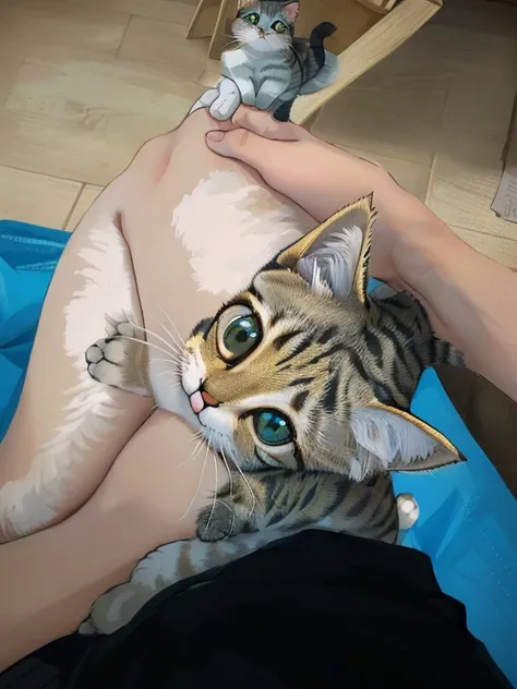 there is a cat that is sitting on a persons stomach, cute furry needs your help, with small cat on lap, with a large head and big eyes, holding a cat, super cute and friendly, holding an epée, cute and friendly eyes, very big eyes!, an adorable kitten, aww...