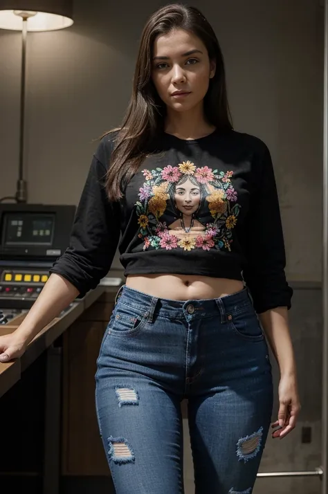 A beautiful girl in her 30s, beautiful thighs, wearing jeans with a colorful and intricate flower design on the jeans, wearing a black shirt with terminator movie image that is played by Arnold Schwartsneigher