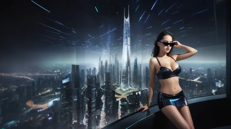 aerial view. Estilo: arte conceitual. A cena: Futuristic cityscapes with all-glass towering skyscrapers and (sleek aerodynamic vehicles) speeding through the air, 1drone. High-resolution OLED GUI interfaces in the building, The windows are filled with tran...