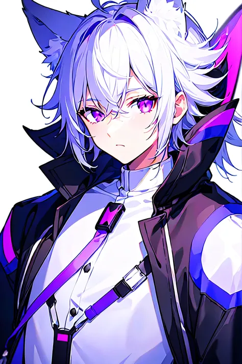 [(WHITE BACKGROUND:1.5),::5], ((((masterpiece)))), high quality, ultra very high resolution, full color, (((solo))), ((younger boy)), white hair, (Purple eyes), wolf ear, anime, ((upper body)), neon light, black parka,