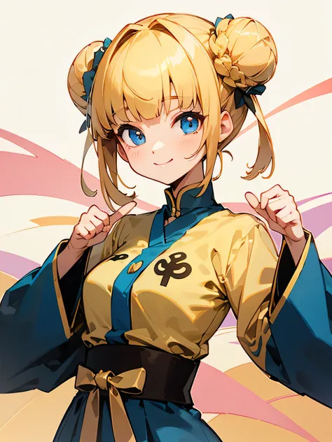 solo,upperbody,spiral double bun,yellow gold color hair,(blunt bangs),blue eyes,pink half sleeves cute design yukata, smile,