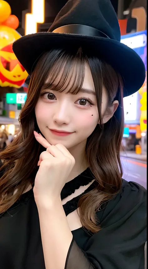 high quality, 最high quality, masterpiece, Very fine、beautifully、detailed, Professional photos, Proper Lighting,
Very beautiful girl, Beautiful Face, Face Tattoos,
Halloween Costumes, Black short dress, Black witch hat, Orange Accessories,
smile, Laughter, ...