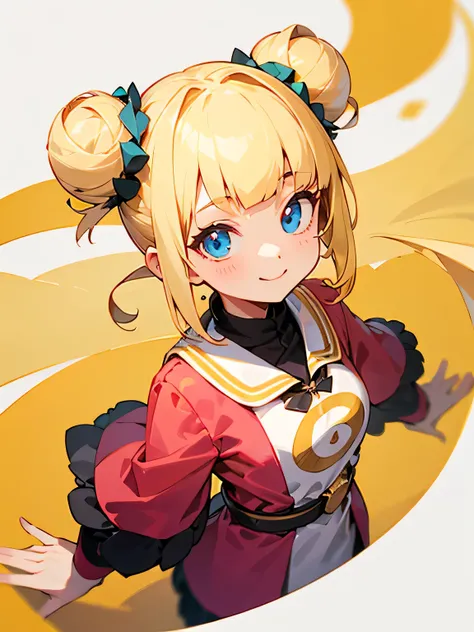 from above:1.3,solo,upperbody,spiral double bun,yellow gold color hair,(blunt bangs),blue eyes,pink half sleeves cute design yukata, smile,