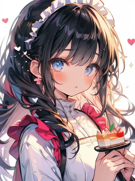 Masterpiece、girl、Long Hair、Sparkling eyeaid服、Maid、((Holding a cake))、Light background、Lots of hearts、Upper Body