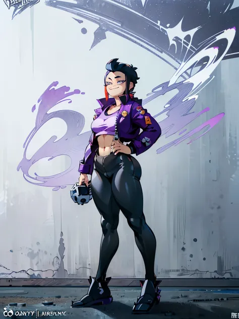 (((My Hero Academia Style))), (((Bibi))), (((Brawl Stars))), (((1girl))), (((female))), (((Wide hips))), (((wide thighs))), (((medium breasts))), (((blue spiked leather jacket))), (((blue leather jacket))), (( (leather jacket with spikes))), (((lilac top t...