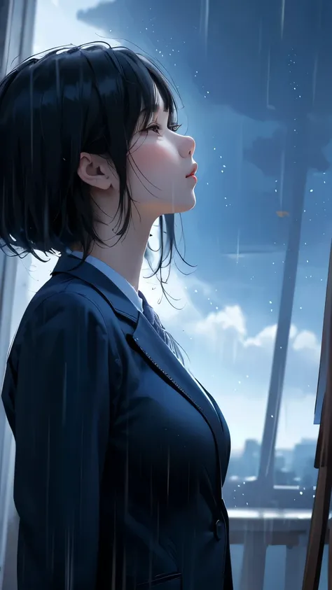 Master Painting、Optimal quality、downpour、woman、Short black hair、Looking up at the sky、Upper Body、Blazer uniform、Large Breasts、Asian、Girl、Eaves