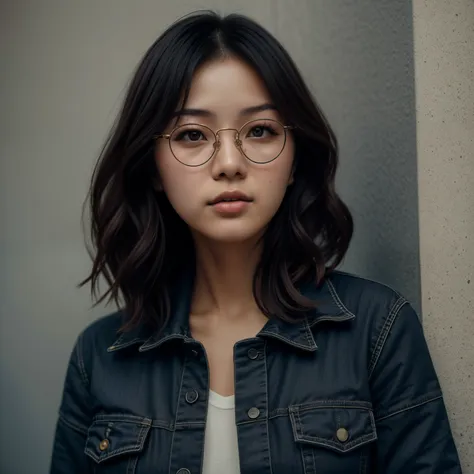 1girl, korean, short hair, wavy hair, circle glasses, in the dark