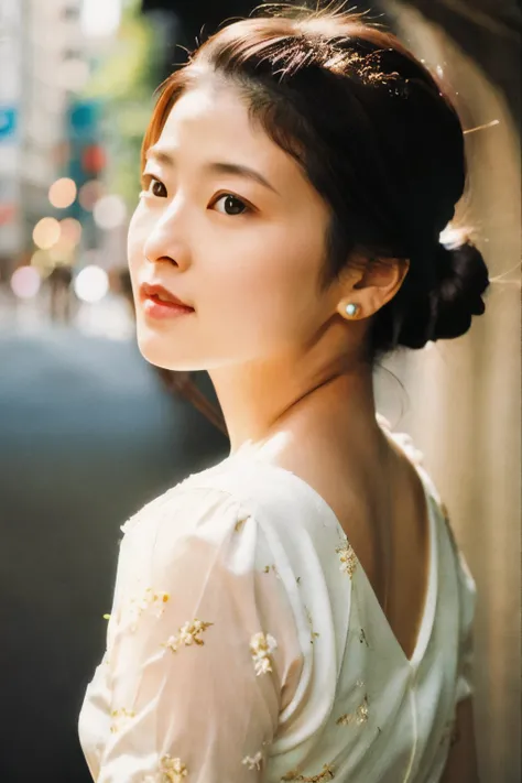 photoshoot by deborahWolf1, A skinny Japanese woman, (brown hair), (hair with elegant bun), cute face, detailed face, detailed eyes, detailed skin texture, (blush:0.2), (goosebumps:0.3), (White floral dress), underground scattering, Photorealistic, Hyperre...