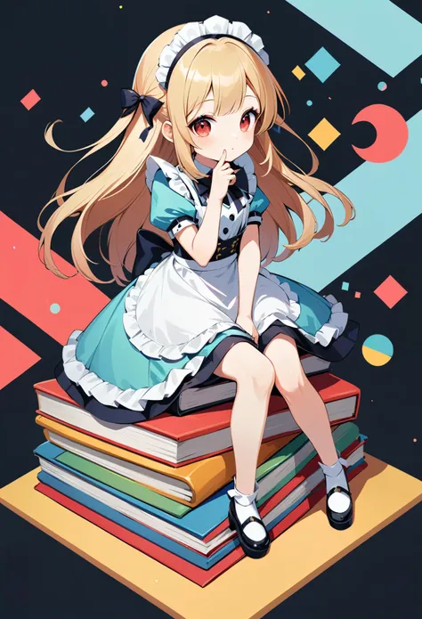 in style of by Liu Ye，Surreal style，whole body，1 Girl，Loli，[Ash:0.8|green:0.2]Maid costume，white maid apron，Finger on jaw，Bow tie flowers，Sitting on 3 huge stacked books，Long blond hair，Ash色瞳孔，White background，Irregular squares dotted on the background，Lig...