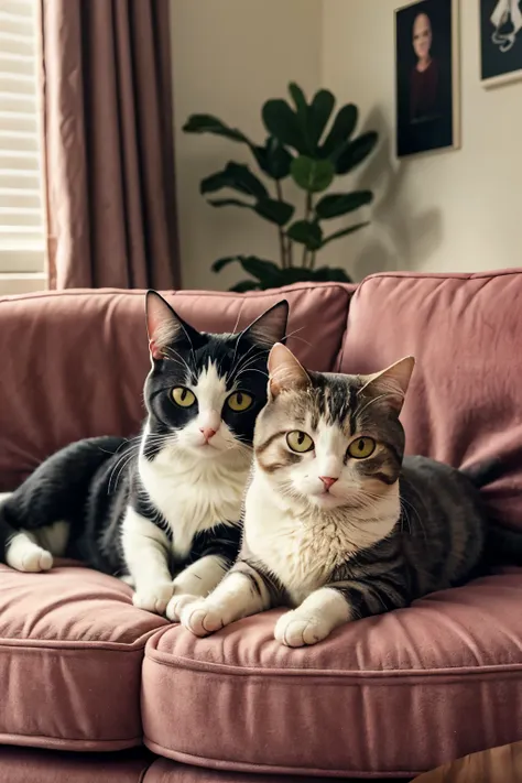 cute photography, two cat side by side on pink sofa, contrast color, indoor, depth of field, masterpiece