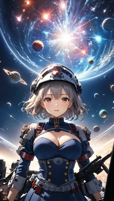 Highest quality, Highest quality, 16K, Unbelievably absurd, Very detailed, 2.5D, delicate and dynamic, universe, planet, war, universe戦艦ヤマト, 鮮やかな色のplanet, Tiny faint lights and colorful meteors, space ships, universeステーション, Very delicate facial expressions...