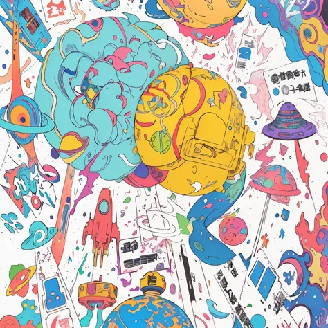 A pile of objects drawn on a white background, The art of math. Colored Manga, Hand drawn cartoon art style, vivid Colored Mangas style, Color illustrations, Colorfull illustration, vivid Colored Manga style, Colorful graffiti art, The editorial illustrati...