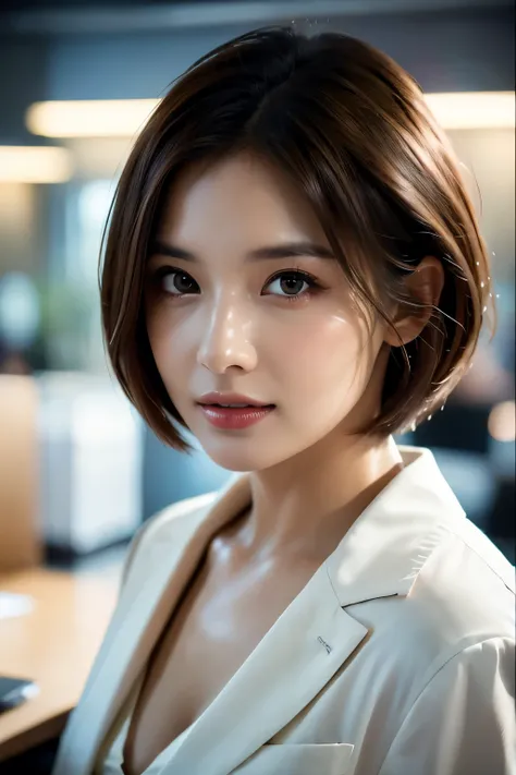 最high quality, 8k, masterpiece, Realistic, high quality, Beautiful and exquisite face and eyes, OL, a stylish suit, Half Body Shot, Professional Lighting, Vibrant colors, Confident expression, Facing forward, (Looking into the camera), short hair, Modern o...