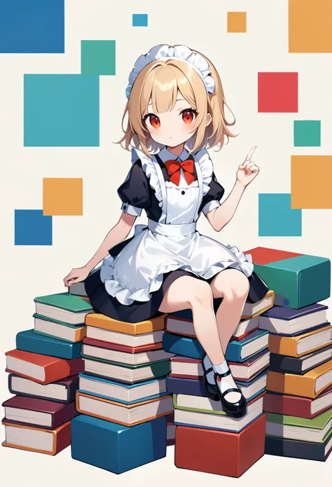 in style of by Liu Ye，Surreal style，whole body，1 Girl，Loli，[Ash:0.8|green:0.2]Maid costume，white maid apron，Finger on jaw，Bow tie flowers，Sitting on 3 huge stacked books，Long blond hair，Ash色瞳孔，White background，Irregular squares dotted on the background，Lig...