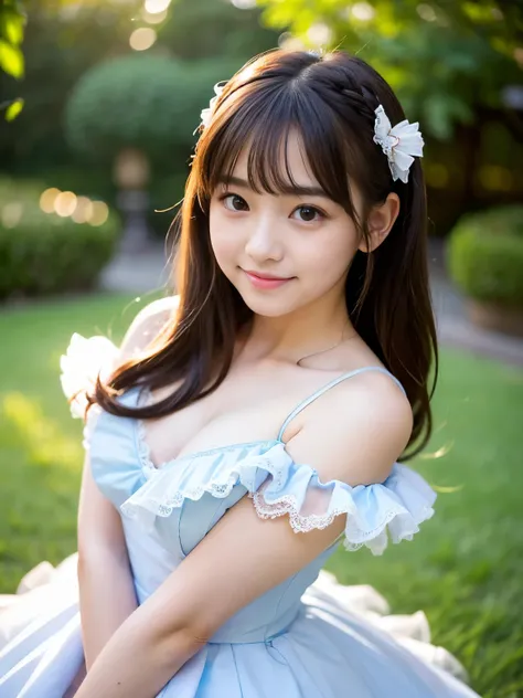 (Best-quality, Masterpiece, Ultra-High-Resolution, (Photorealistic:1.4), Raw Photo, depth of field, professional lighting, perfect anatomy, extremely details), 1girl, 15-years-old, the most famous Japanese idol, (wearing extremely cute-frilly and extremely...