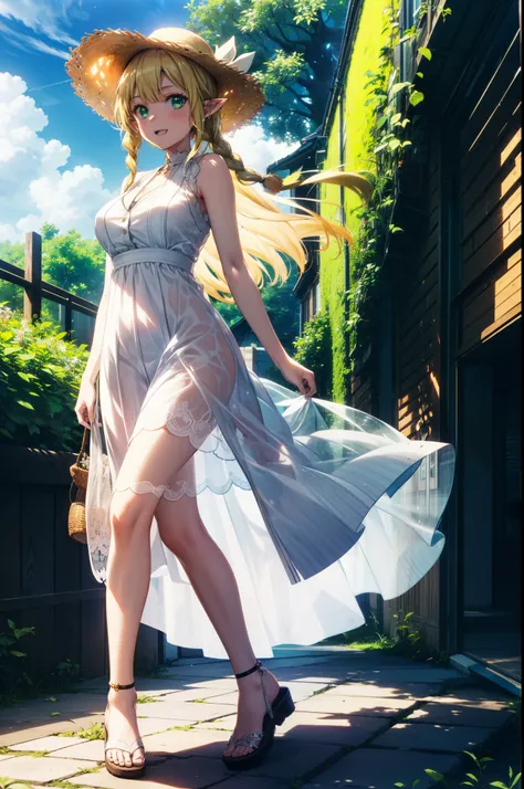 Suguhakirigaya, Suguhakirigaya, Long Hair,Blonde,Green Eyes,Pointy Ears,Short braids,,happy smile, smile, Open your mouth,Big Breasts,White straw hat,White sleeveless dress, bare arms,Green long skirt,Cute Sandals,Walking,Clear skies,whole bodyがイラストに入るように,...