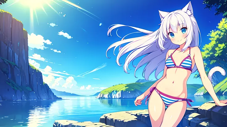 (Masterpiece), (High quality anime illustration), (Super definition), A girl, Alone, Beautiful silver hair girl, anime change, cat ear , , emphasis on the thigh, Striped bikini, SMILE, buttocks, buttocks Up, Back, South Island Sea, water, Tarot Card Wind