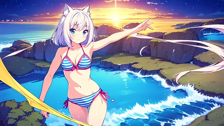 (Masterpiece), (High quality anime illustration), (Super definition), A girl, Alone, Beautiful silver hair girl, anime change, cat ear , , emphasis on the thigh, Striped bikini, SMILE, buttocks, buttocks Up, Back, South Island Sea, water, Tarot Card Wind