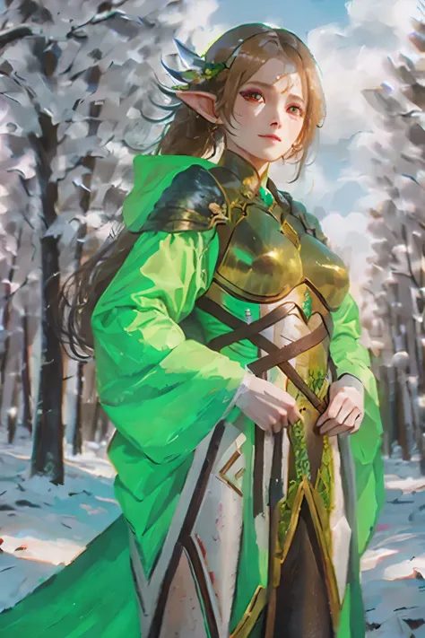 Brown hair in a ponytail, a slender Yrliet-like woman in Aeldari elven armor, wearing a green cloak, sci-fi style, in a deep green summer forest, facing forward, girl in the center, eyes looking straight ahead, front facing composition