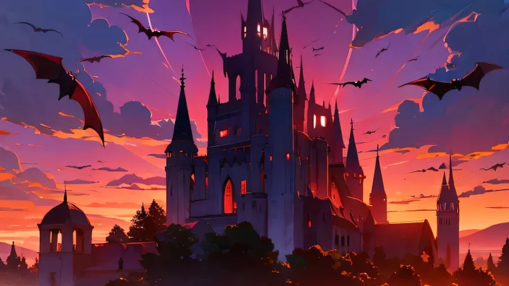 A vampire night in the night, a dark castle, red sunset and lots of bats in the background