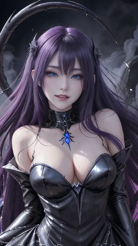 強力なスーパーevil女がクローズアップでポーズをとる, Black Goddess (Bare shoulders), length, Flowing purple hair, View your viewers, Highly detailed face, Perfect hands, Blue smoke swirling around her, evil事を愛する, Captivating blue eyes, Dark fantasy, Genuine, Symmetric, High detai...